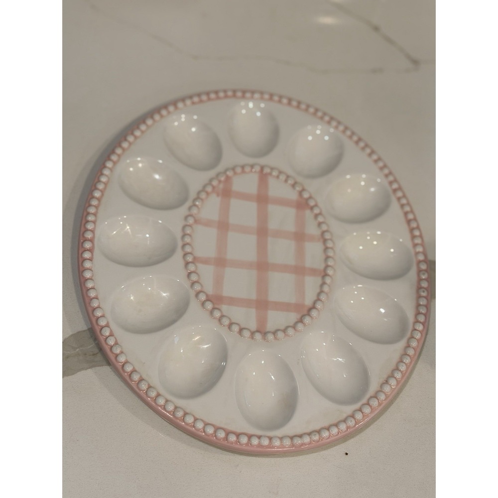 10" Oval Deviled Egg Serving Platter Pink White Checkerboard Decorative Festive